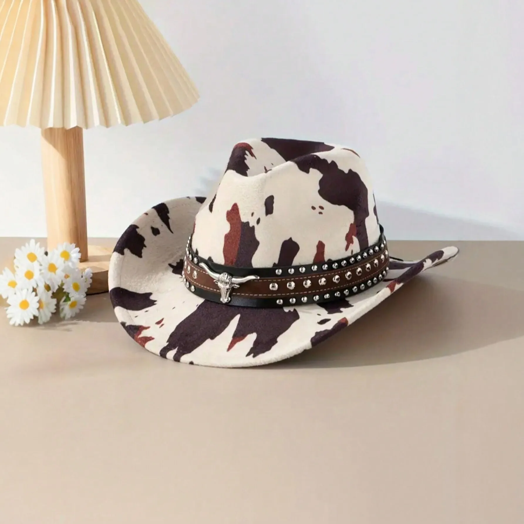 Cow Print Western Cowboy Hat for Men Women, Autumn Winter Sun Protection Fedora, Ethnic Vintage Wide Brim Cross Border