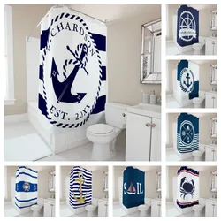 Personalized Nautical Shower Curtain Custom Name Waterproof Fabric Anchor Print Bathroom Decor Beach House Maritime Theme