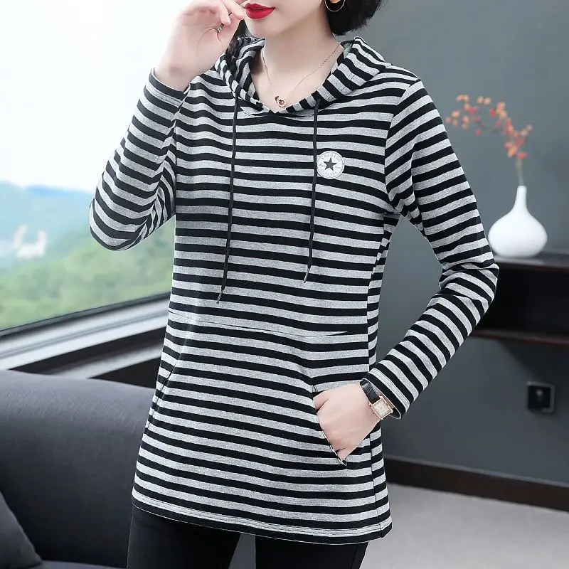 2023 Spring Autumn Striped Printing Pullover Hoodies Women's Fashion Drawstring Patchwork Pockets Long Sleeve Midi Sweatshirts