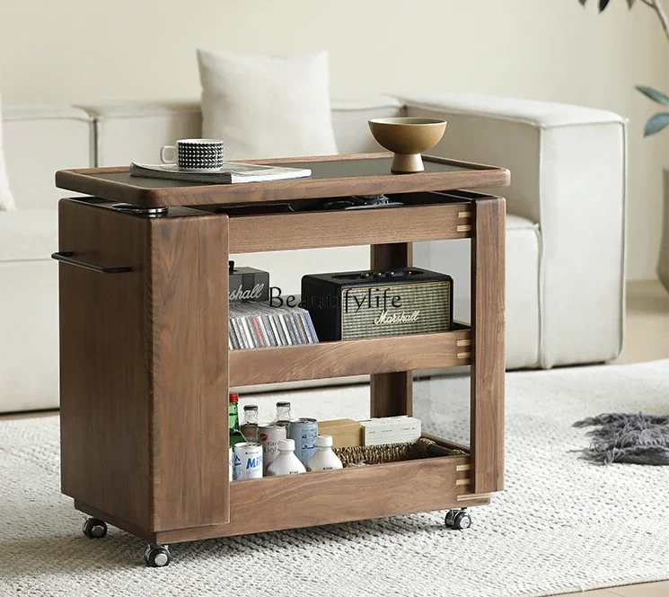 

FG40Solid Wood Lifting Tea Table Multifunctional Mobile Side Table Black Walnut Trolley