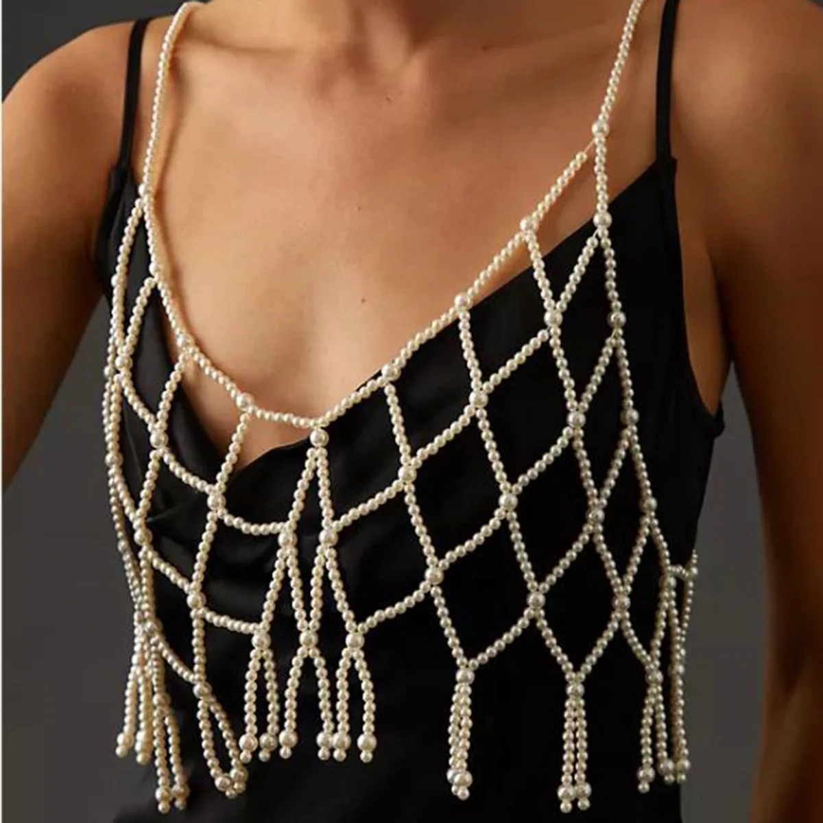 

2024 Summer Sexy Pearl Tassels Exaggerated Body Chain Retro Internet Celebrity Elegant Body Jewelry Accessories Shoulderr Craft