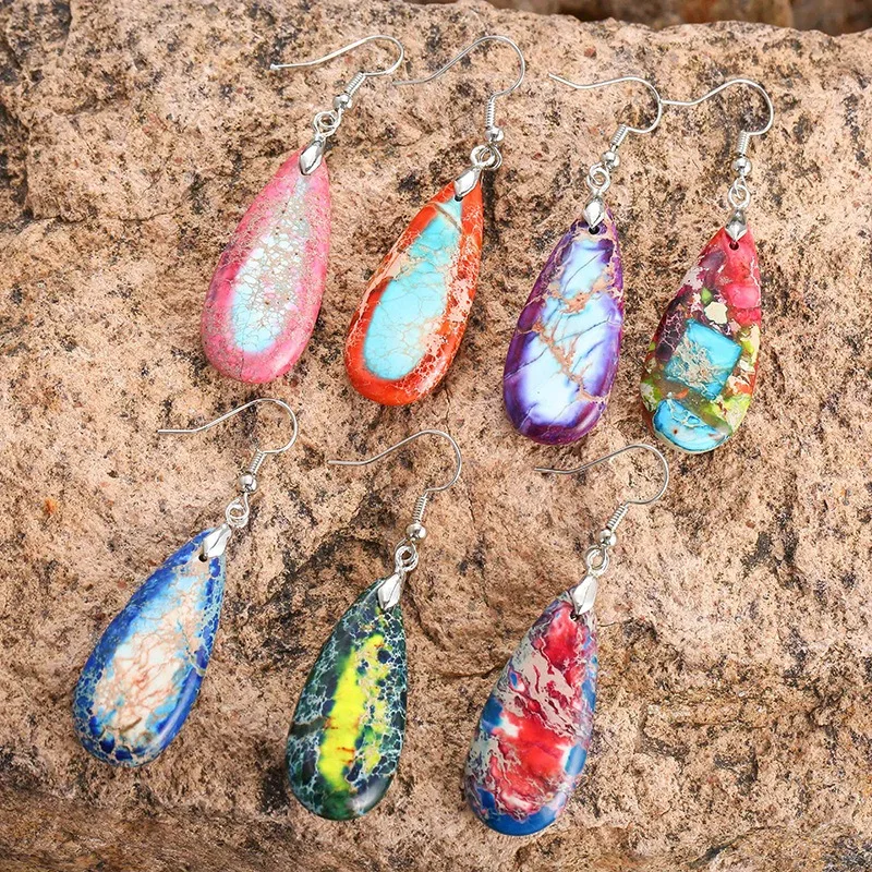 Brincos de Jaspe Imperial Boêmio para Mulheres, Gancho de Ouvido Banhado a Ouro 18K, Pedra de Energia Curativa, Brincos Boho, Alta Qualidade