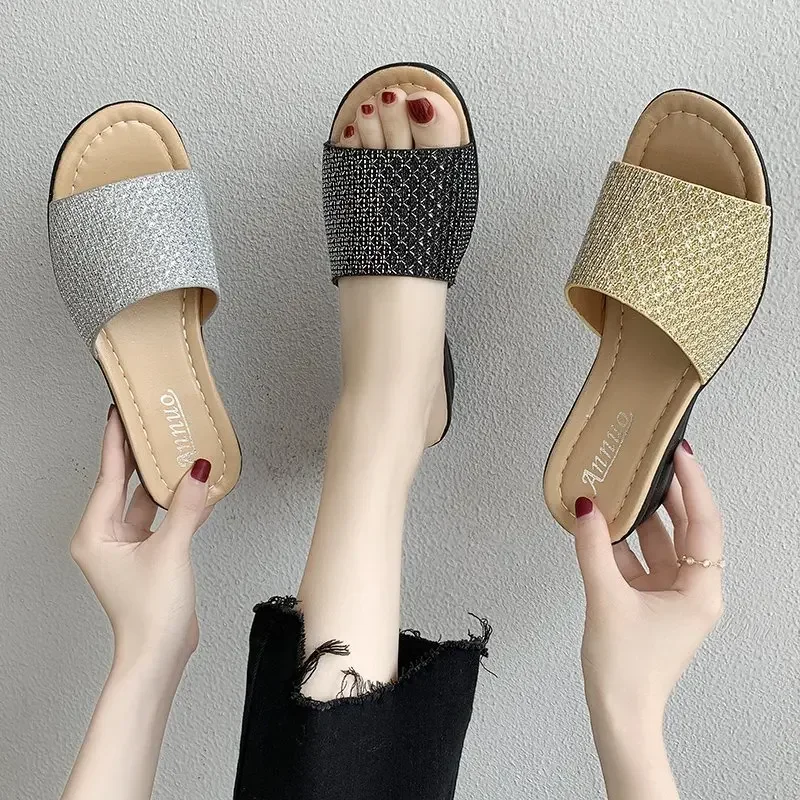 Gold Flat Sequin Cloth Slippers for Women 2024 summer Casual Flat Sandals for Women Fashion Sandals Outdoor Flip Flops36-42