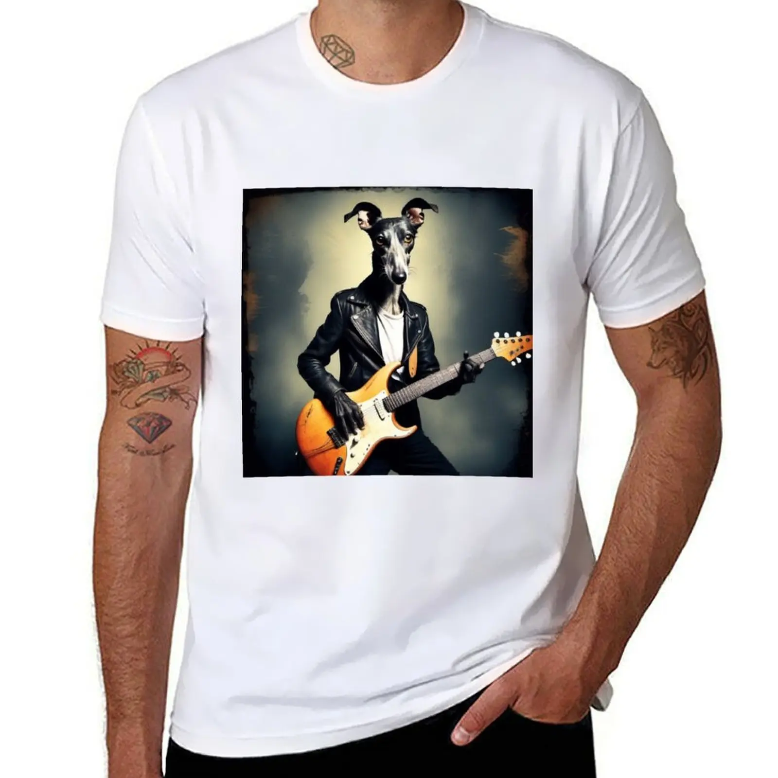 

Greyhound musician playing electric guitar T-Shirt man graphic t shirt t shirt man plain t shirts cotton 100% T-Shirt