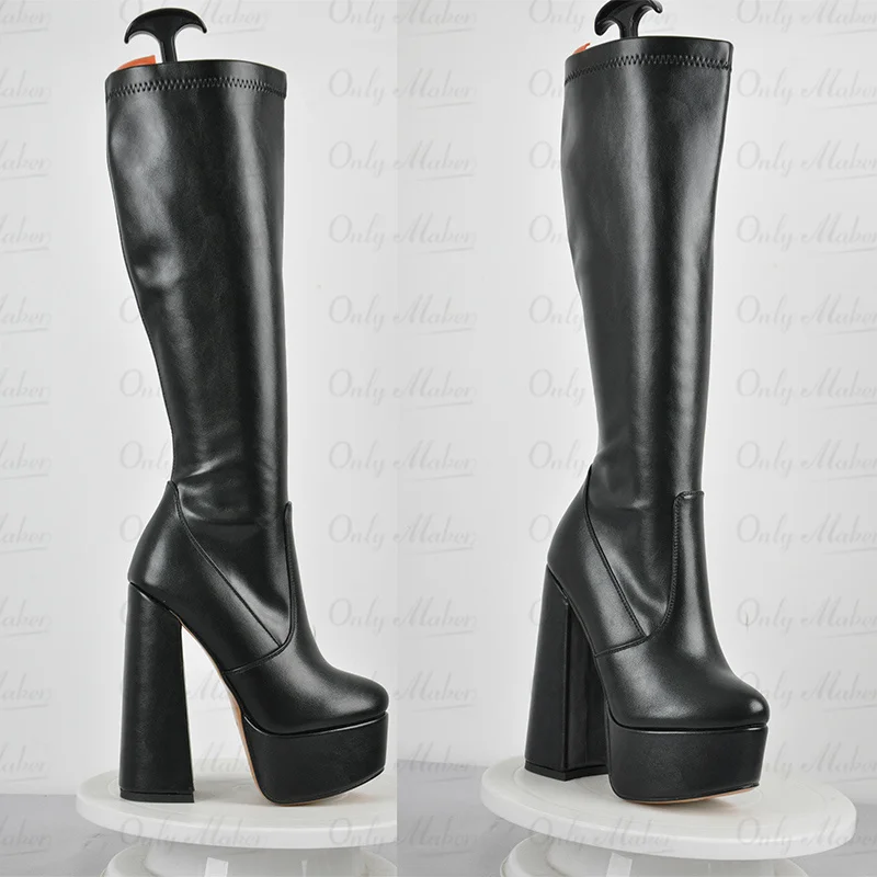 Onlymaker Boots Women Black Platform Chunky Heel Knee High Patent Leather Square Toe Lady Fashion Boots