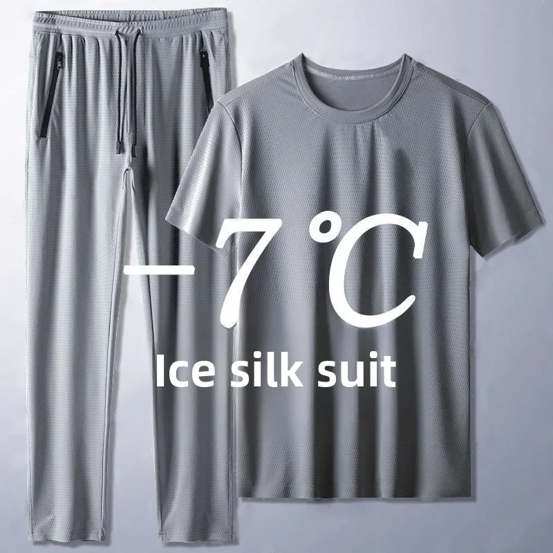 Zomer sneldrogend hardloopsportpak korte mouwen T-shirts heren casual ijszijde 2-delige set