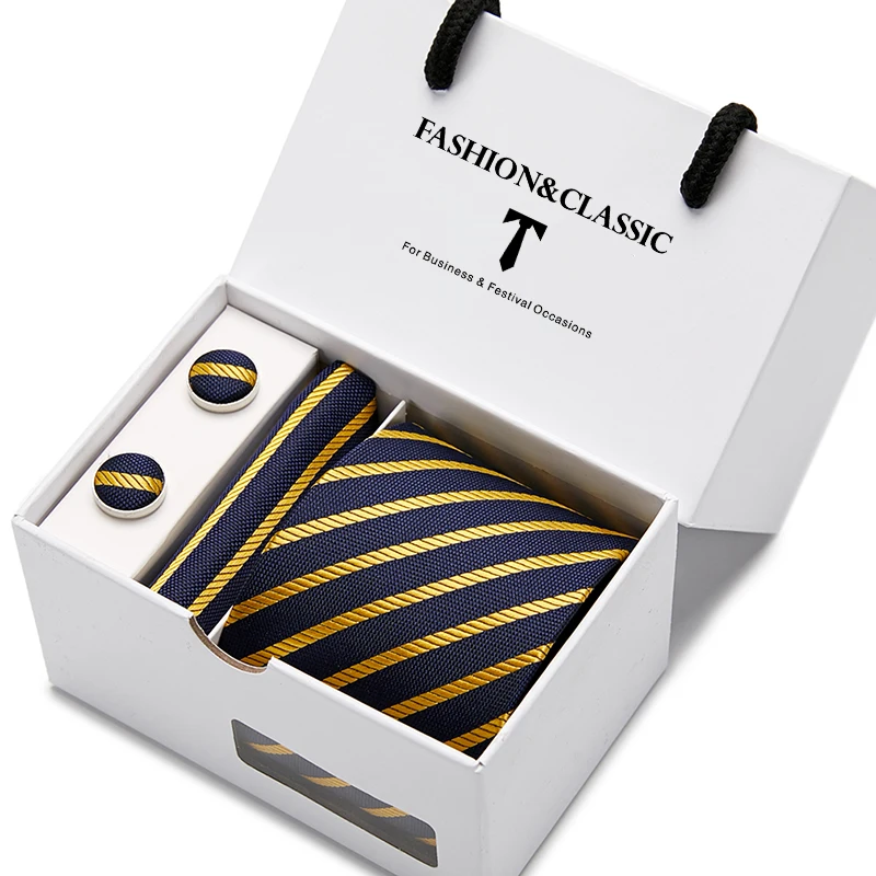 Hochwertiges 7,5 cm schwarzes, solides Herren-Krawatten-Taschentuch-Manschettenknöpfe-Set für Männer, Hochzeitskrawatten, Gravatas in Geschenkbox – Detail 13