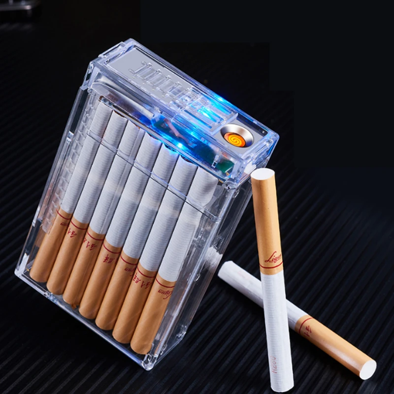 New Transparent Cigarette Case with Lighter All-in-one Machine 20 Standard Cigarettes Creative Windproof Cigarette Lighter