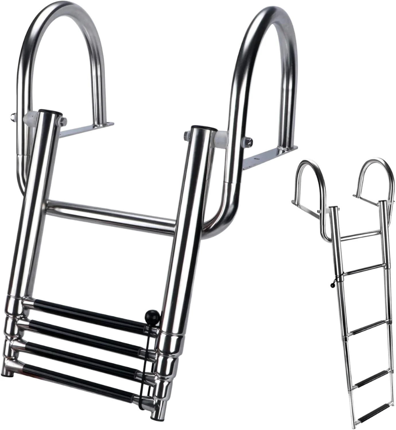 316 Stainless Steel 4-Step Foldable Telescoping Rear Entry Swim Deck Ladder Replacement Wide Pedals Handrails for Pontoon
