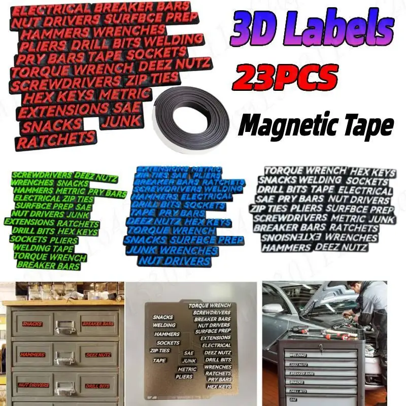 

23 Pcs Magnetic Toolbox Drawer Tags Bold Easy-to-Read 3D Magnetic Tool Box Organizer Labels Toolbox Widget Stickers Accessories
