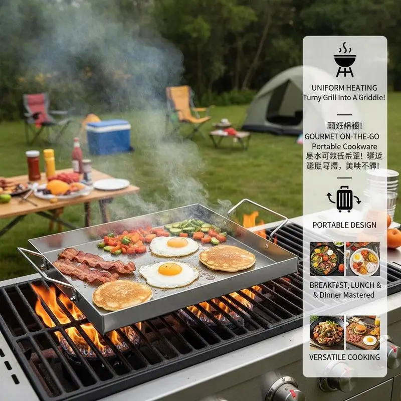 Free Shipping-Rectangular Flat Top Plate 17x13 inch For Camping Tailgating Party BBQ Grill Gas Grill Teppanyaki Cookware Built-in Handles Professional Cooking Surface Portable Outdoor Kitchenware Accessory view 5