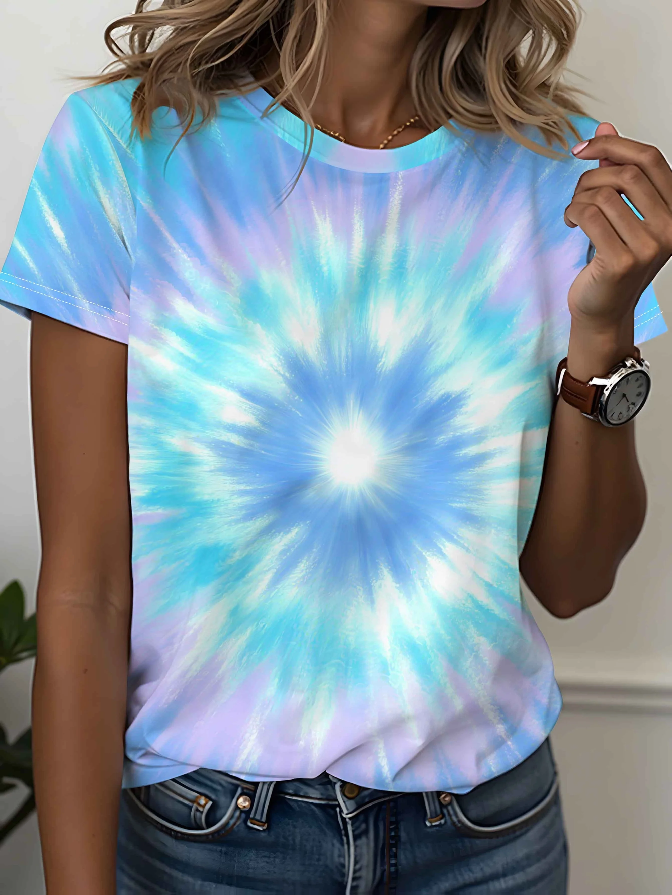Women Crew Neck T-shirt Light Blue Lavender Spiral Tie Dye Print Short Sleeve Hippie Casual Streetwear Summer Top