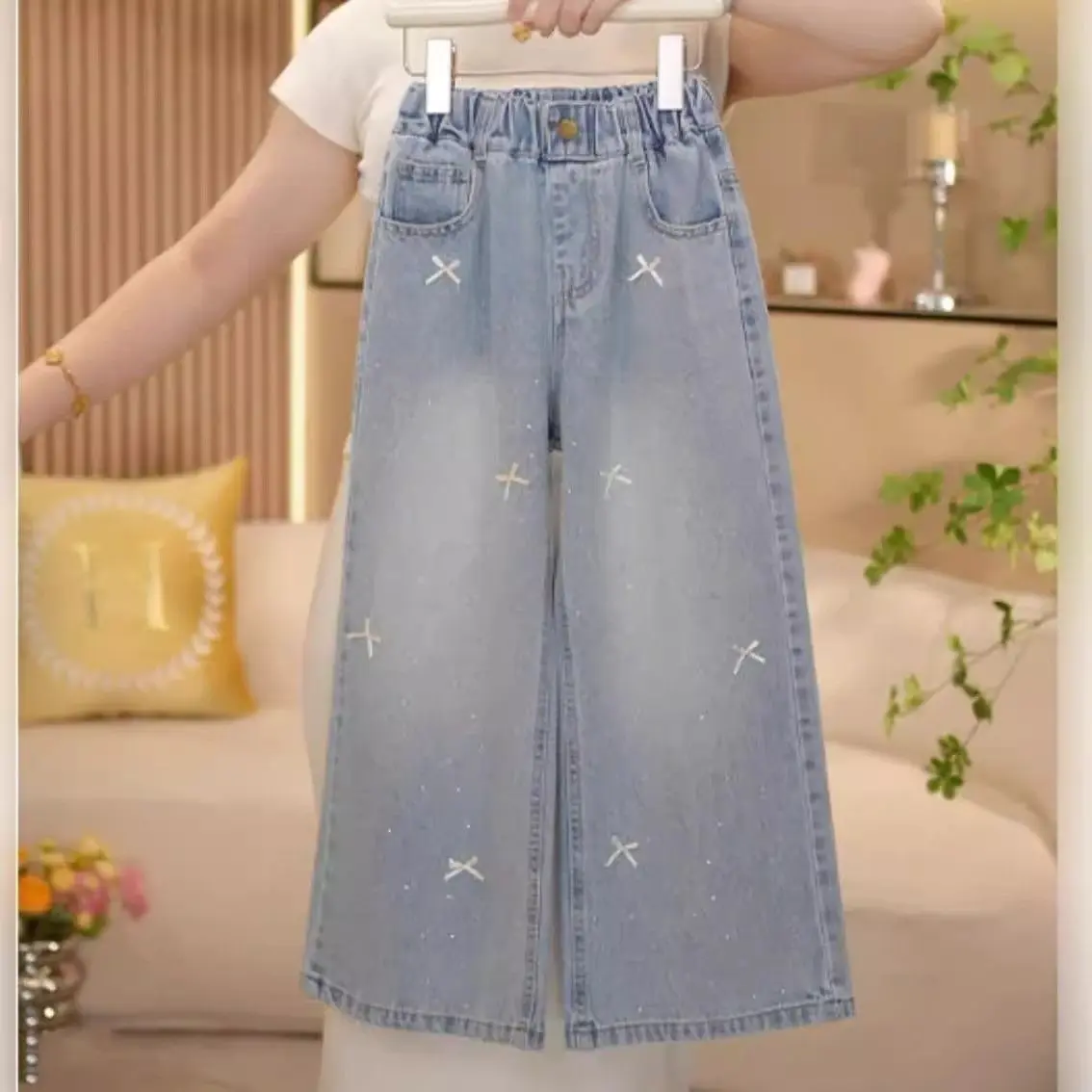 Girls' Jeans Spring and Autumn 2025 New Fashionable Hot Stamping Diamond Bow Wide Leg Pants Versatile and Casual