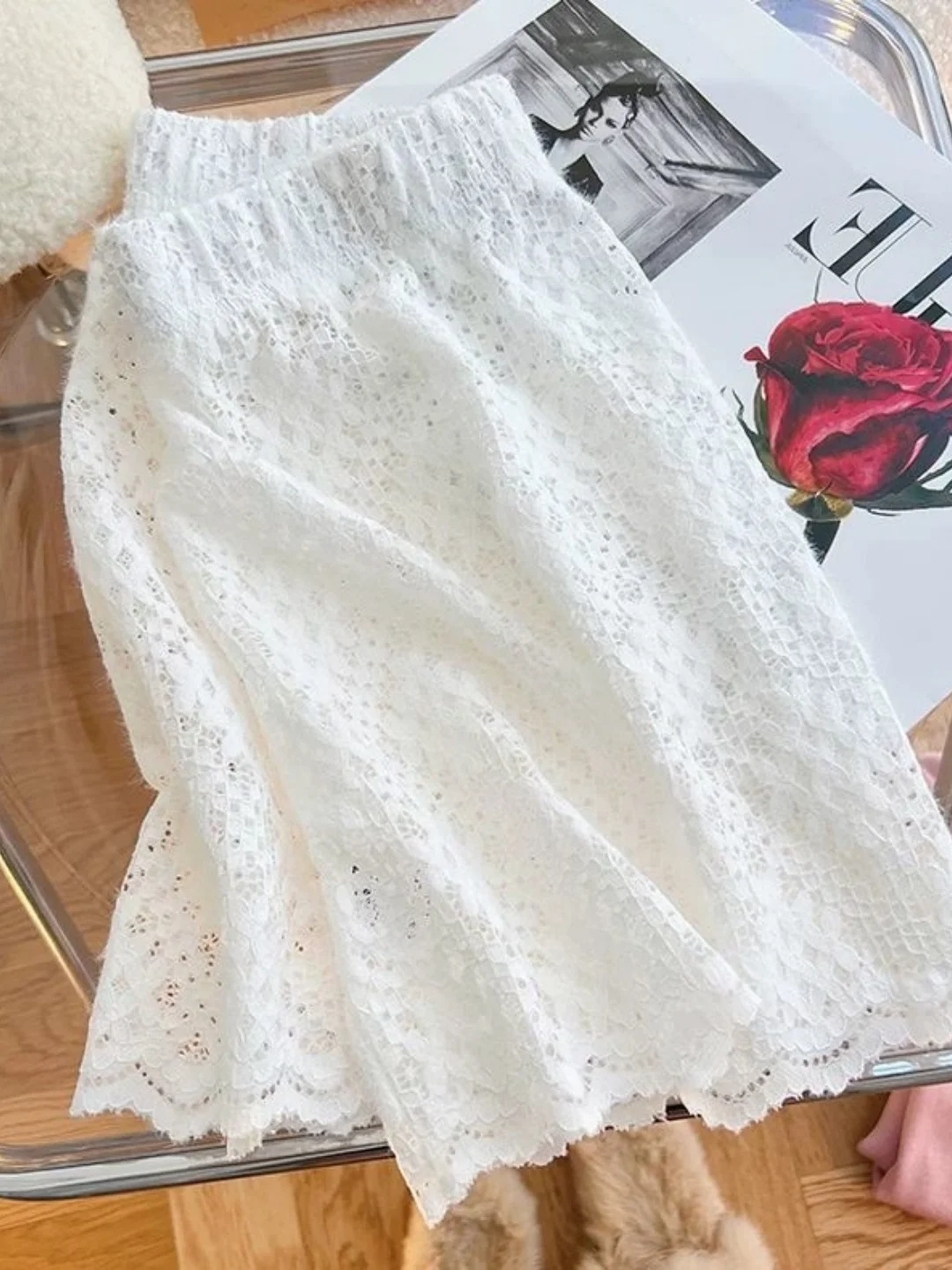 plus Size Lace Splice A-Line  Skirt Women's High Waist Slimming Base Layer Short Skirt Casual Anti-Static Hollow out