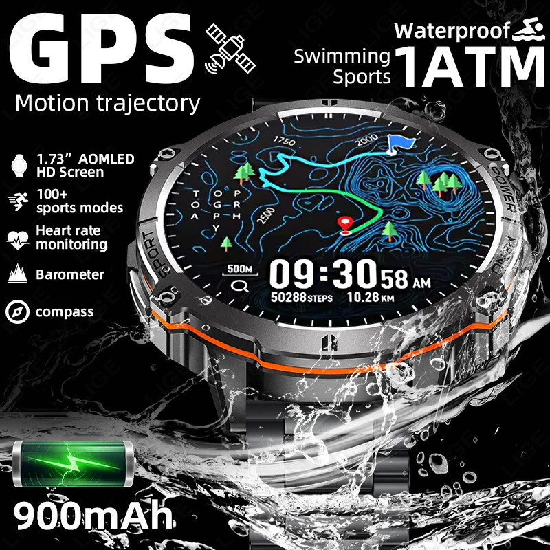 

LIGE AMOLED Smart Watch 900mAh Large Capacity Battery Compass Barometric Altimeter Military Sport Smartwatch Men For Android iOS