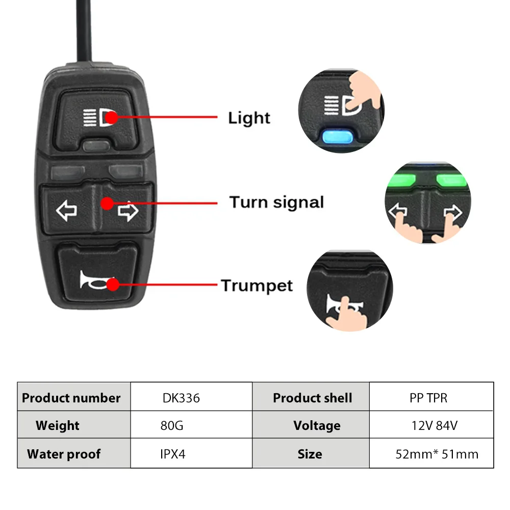 Electric Bike Scooter Light Switch 12V-84V Motorcycle Button Turn Signal Light Control Switch Three-in-One Bicycle Horn Switch