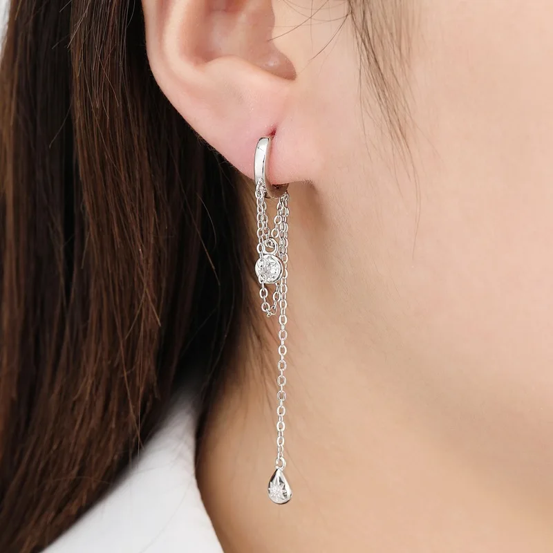 925 Sterling Silver Needle Luxury Long Chain Zircon Hoop Earrings Star Shape Tassel Pendant Earrings for Women Fine Jewelry