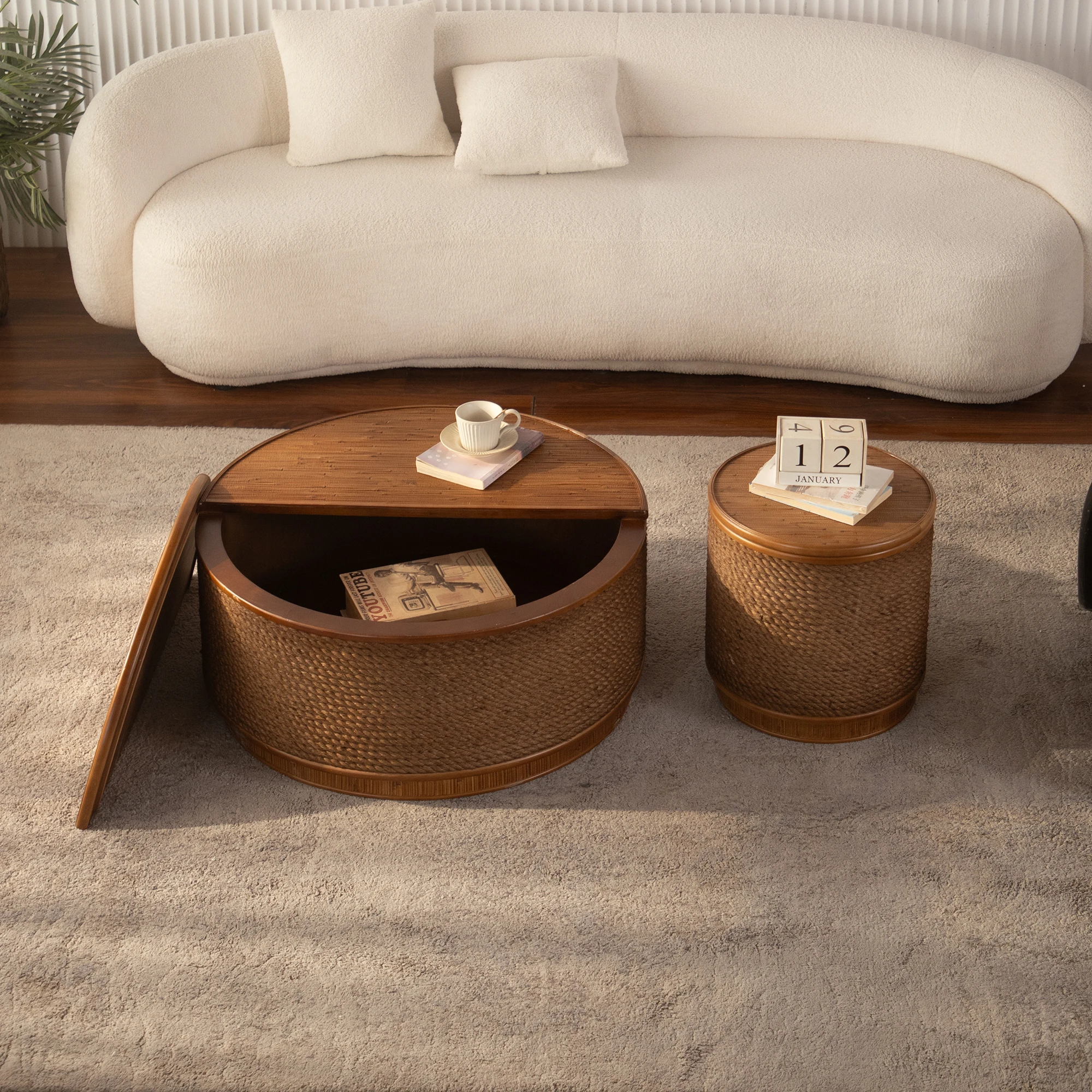 Round Rattan Coffee Table with Lift-Off Lid Storage, Hand-Woven Hemp Rope Trim, Boho-Chic Style, Perfect for Cozy Living Rooms