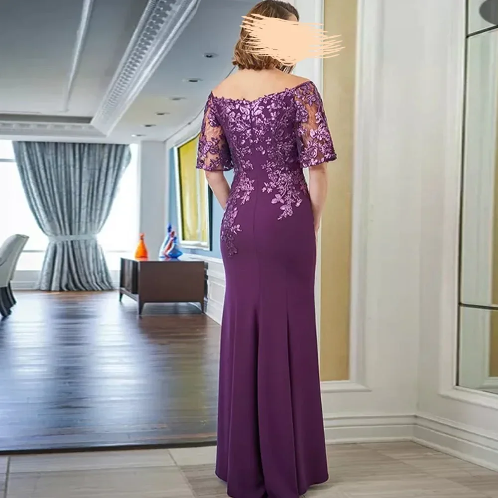 Purple Mother of The Bride Dress V-Neck Half Sleeve Sequined Lace Appliques Mom Gowns Glitter Sheath Long Prom Dress Customized