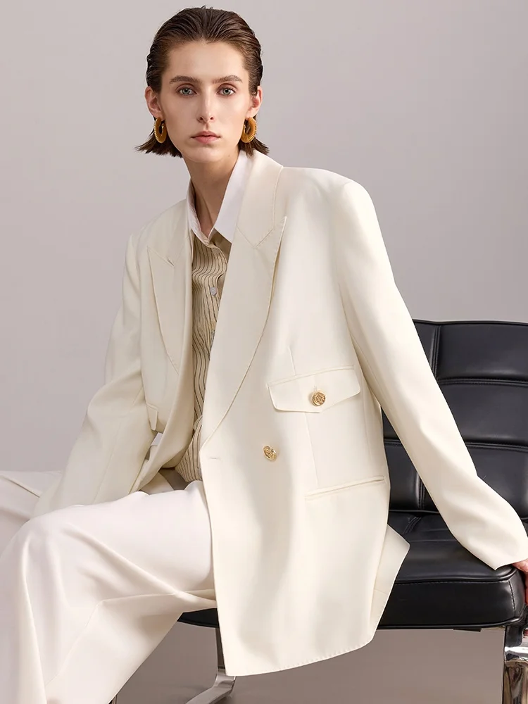 Daisule Women's White Wool Blend Jacket Loose Fit Korean Style Autumn Fashion Outerwear Straight Cut Design Long Sleeve Coat