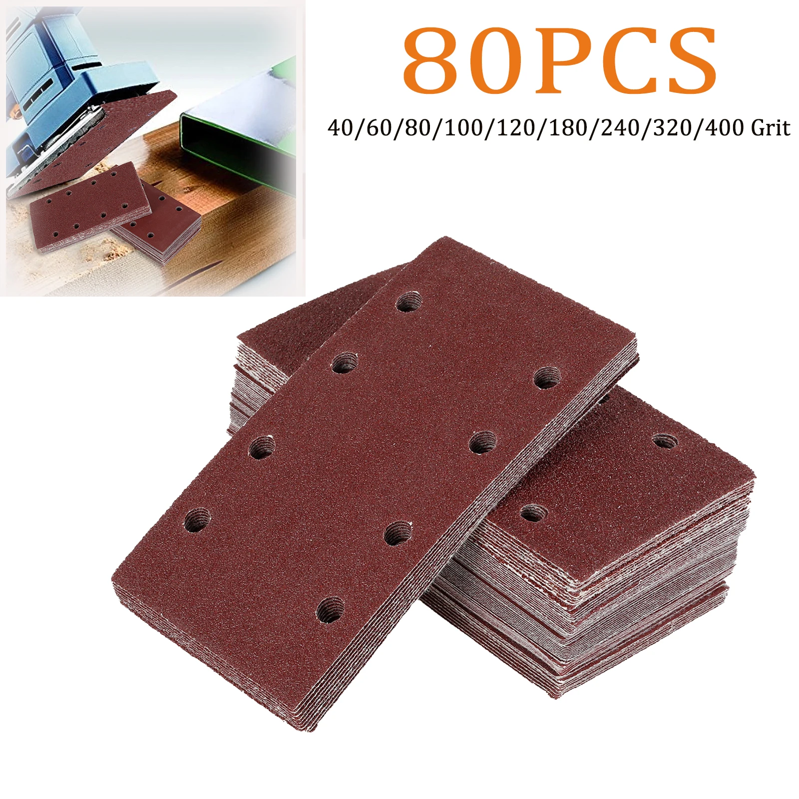 80Pcs Rectangular Sander Paper Aluminum Oxide Hook and Loop Sandpaper Anti-Static 8 Holes Sanding Pads Assorted 40/60/