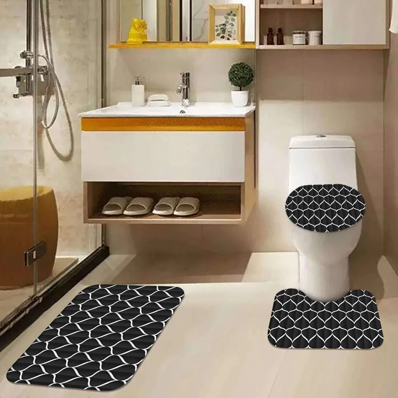 1/4pcs Black & White Geometric Pattern Set, Shower Curtain With 12 Hooks, Non-Slip Bath , U-Shaped Toilet Mat,