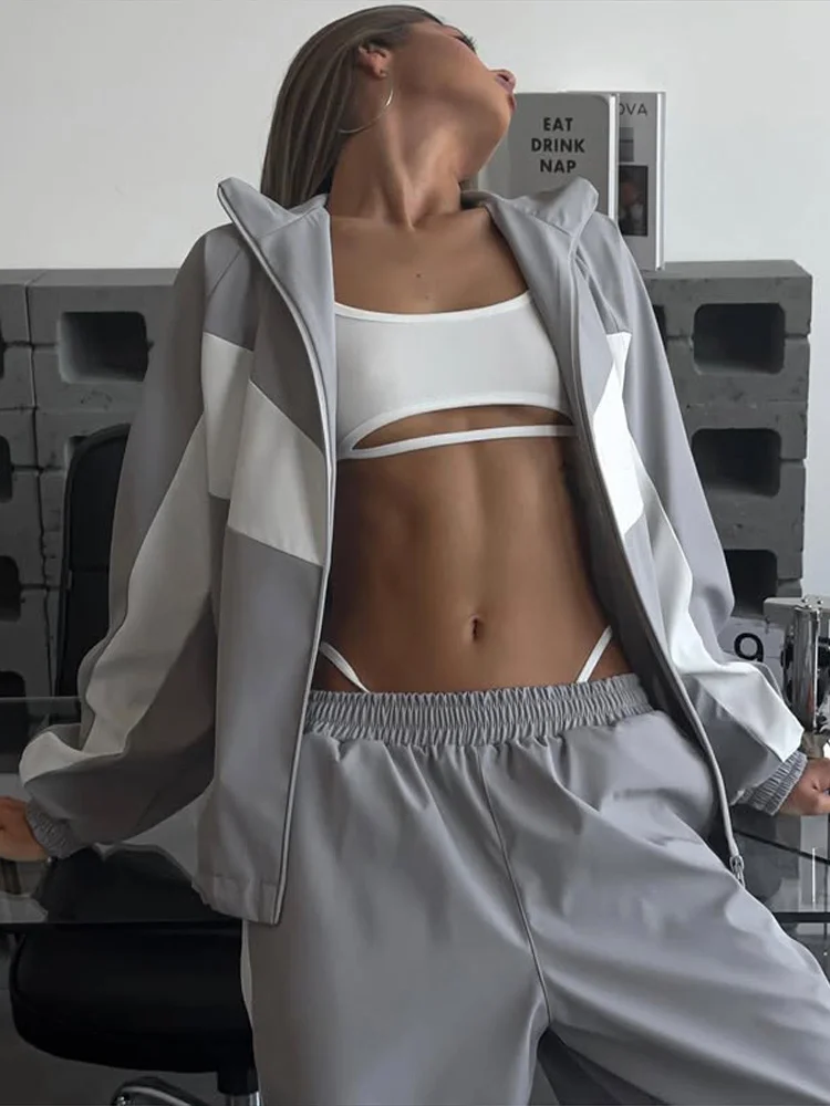 Getäfeltes, langärmliges, übergroßes Oberteil, Hosen-Sets für Damen, Streetwear, Laternenärmel, Reißverschluss, lockerer Mantel, Hose mit weitem Bein, modische Sportbekleidung – Detail 30