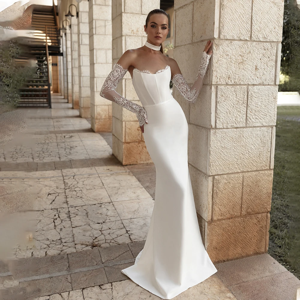 

Charming Removeable Long Lace Sleeves Sweetheart Soft Satin Mermaid Wedding Dresses Custom Made 2024 Rode De Morrie