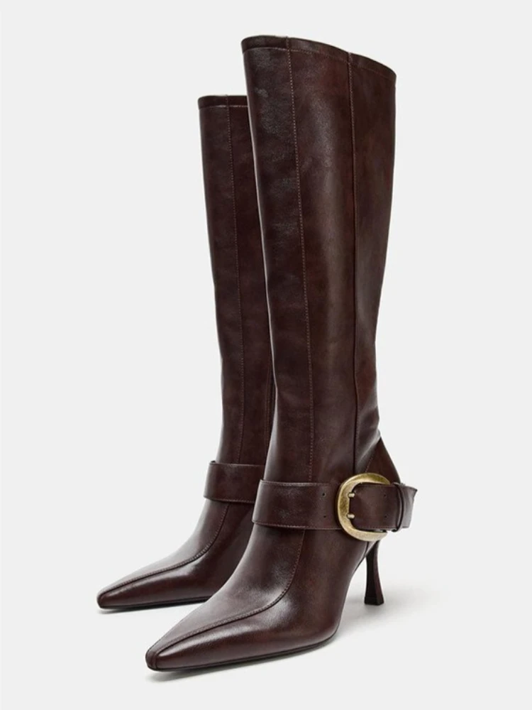 Bottes hautes en cuir pour femmes, Sexy, boucle de ceinture en métal, longues bottes d'hiver pour dames, fermeture éclair, luxe, bout pointu, bottes à talons de styliste