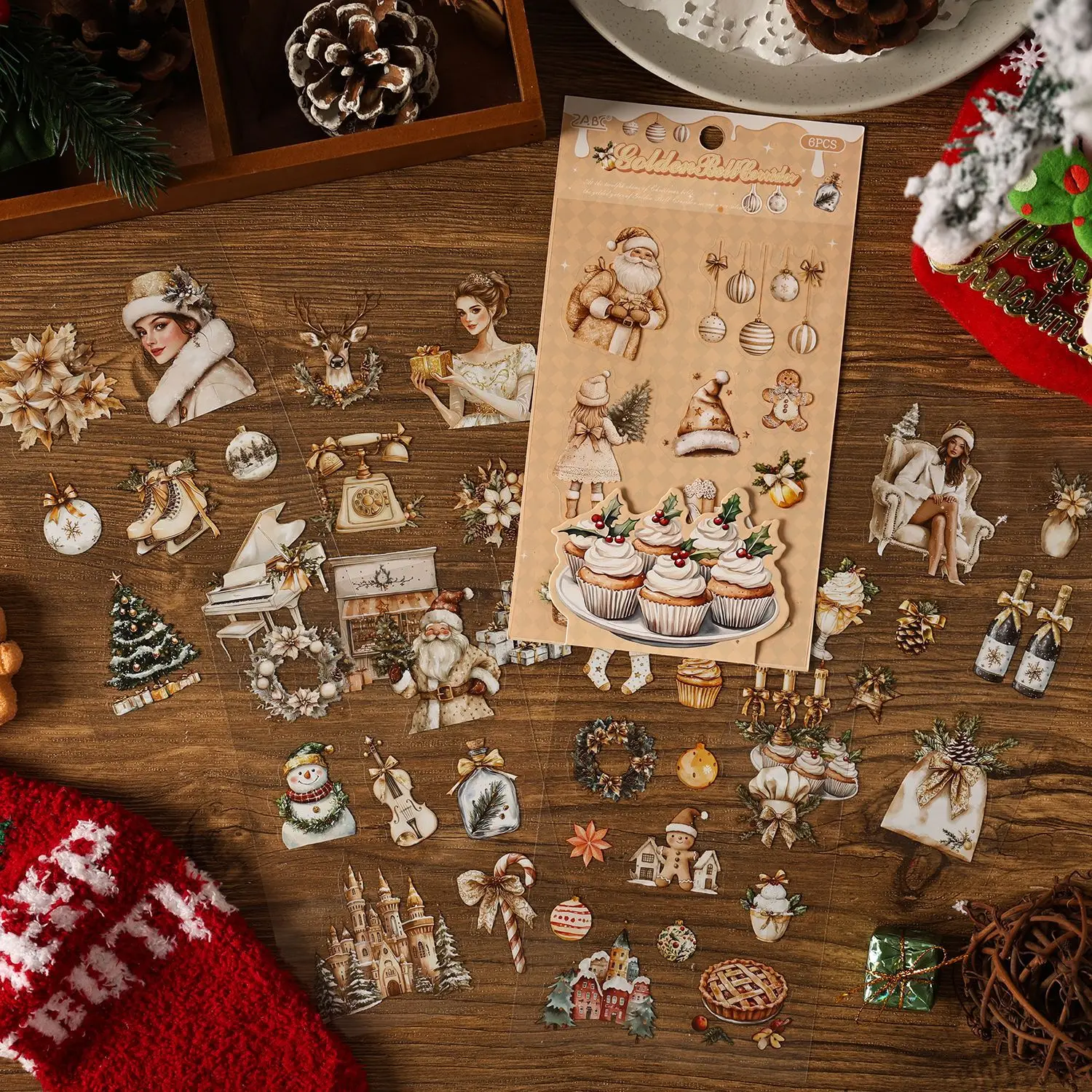 6 أوراق عيد الميلاد سلسلة ملصق حزمة DIY ألبوم القرطاسية الزخرفية مذكرات كأس دفتر الهاتف المحمول سكرابوكينغ الإمدادات