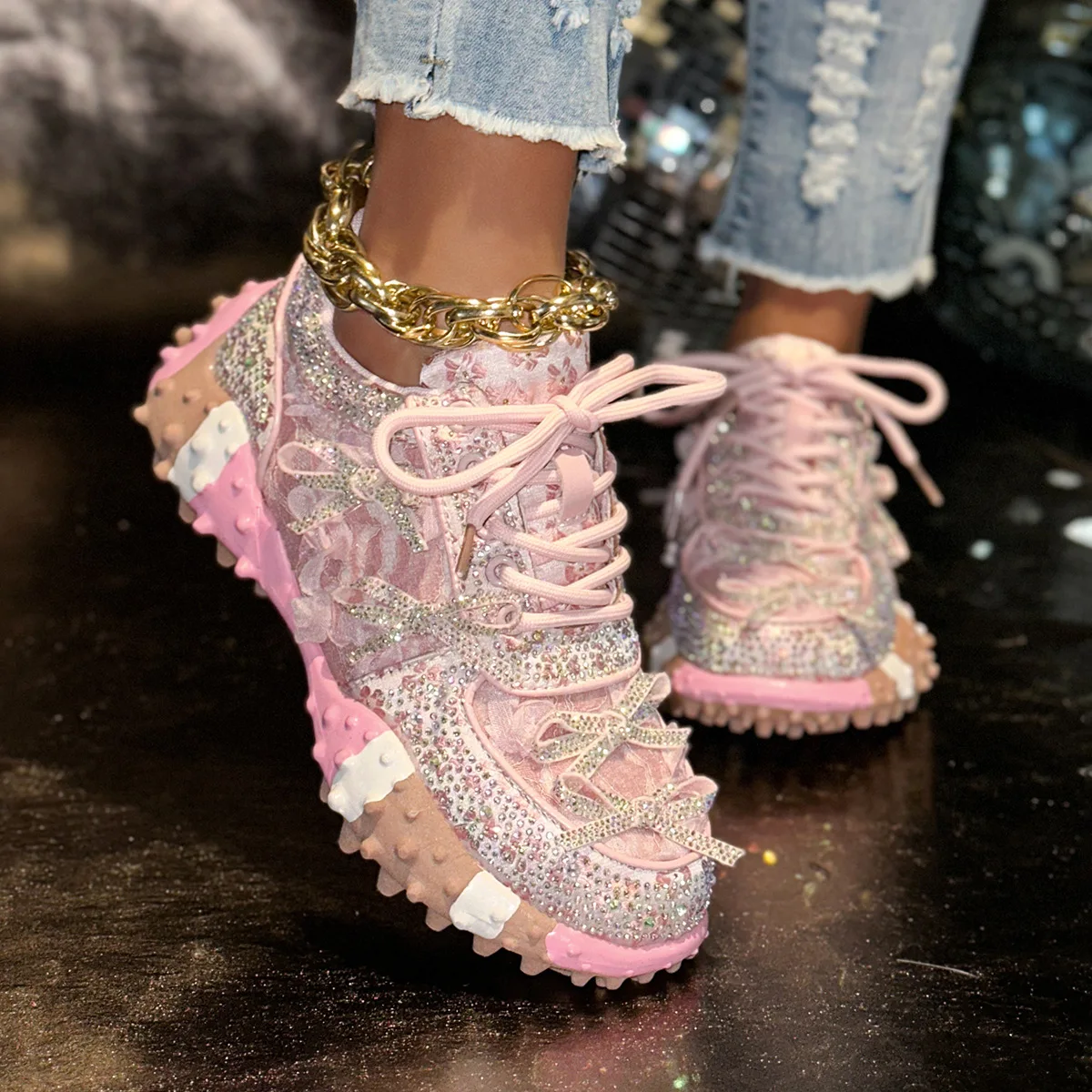 

Women's Breathable Mesh Dad Shoes with Rhinestone Durian Sole Casual Outdoor Comfort Sports Footwear