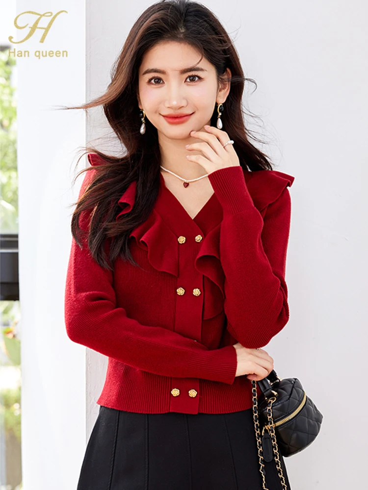 H Han Queen Autumn Woman Clothing Ruffles Pullover Knitwear Fashion Buttons Long Sleeve Vintage Korean Tops Casual Women Sweater