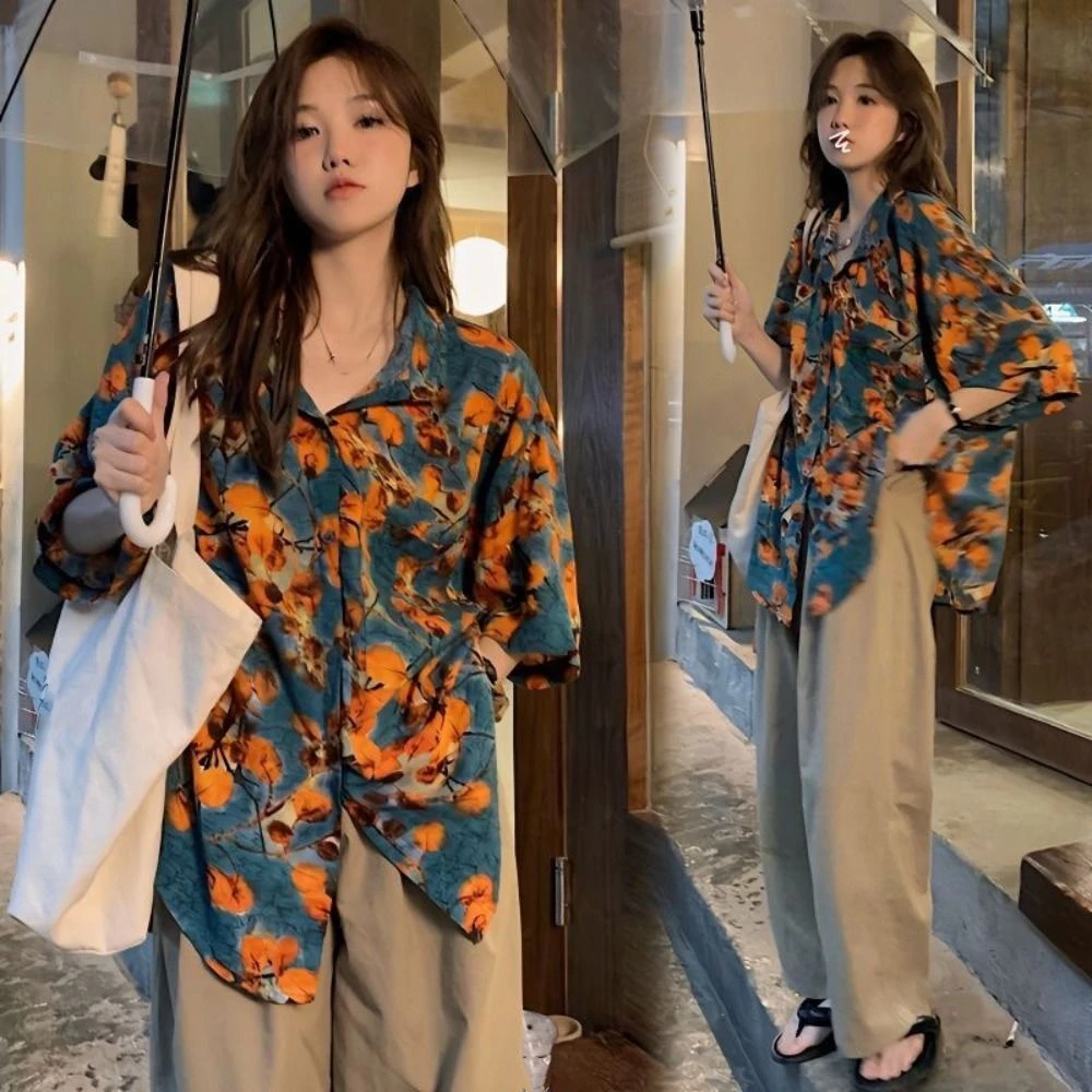 

Korean Style V-neck Floral Short Sleeve Shirts Y2K Button Up Flower Blouse Women Streetwear Retro Sweet Girls Shirts Beachwear
