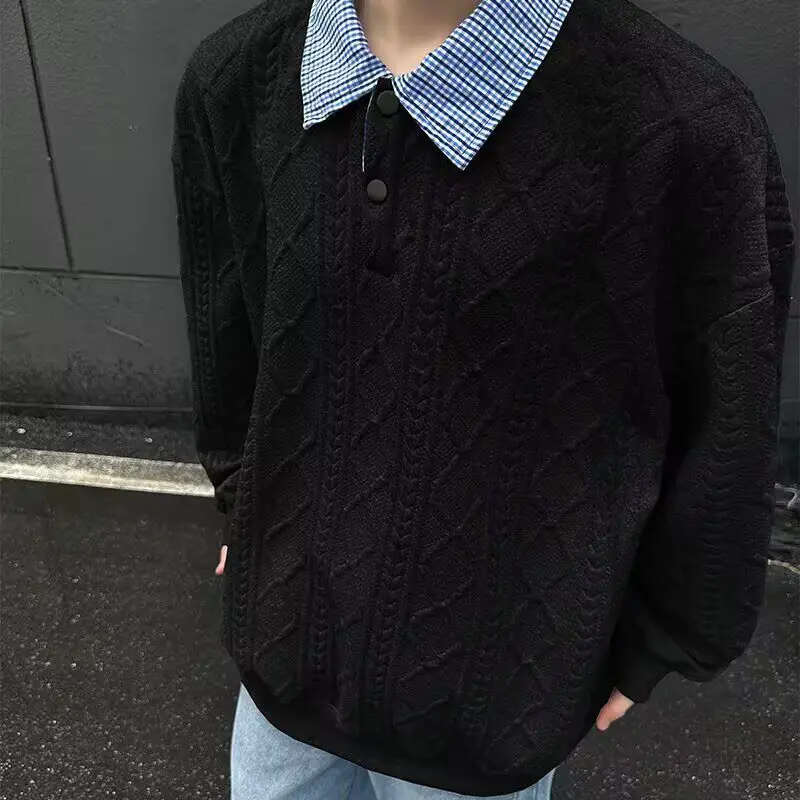 Youth Autumn Season Casual Style American Trend Loose Collar False Two-Piece  Shirt Men's Top Fashionable Geometric Pattern