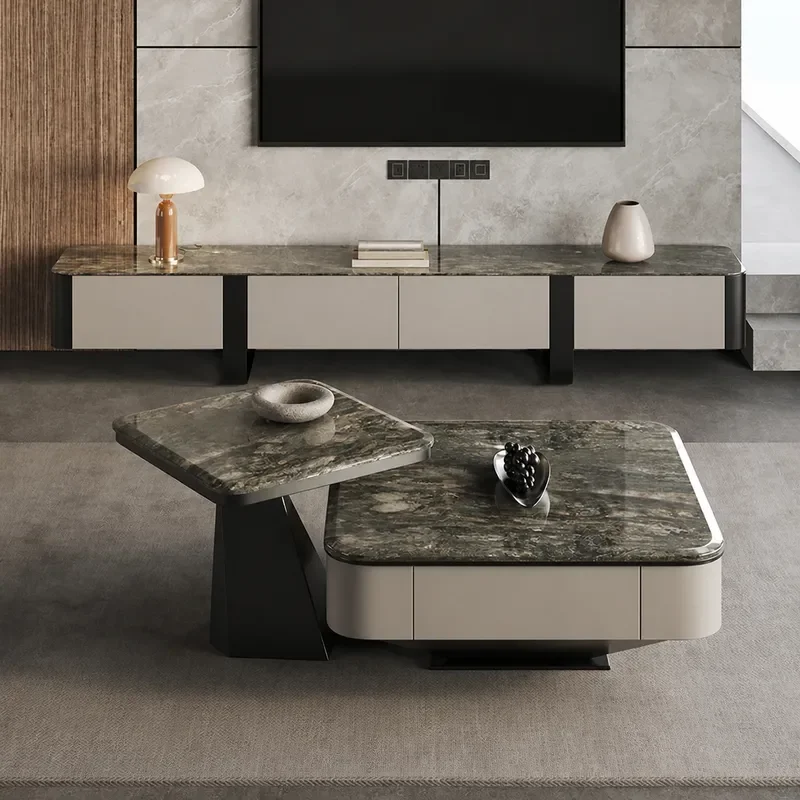 Luxury Natural Marble Coffee Table and TV Cabinet Set with Drawer High End Stone Furniture for Living Room