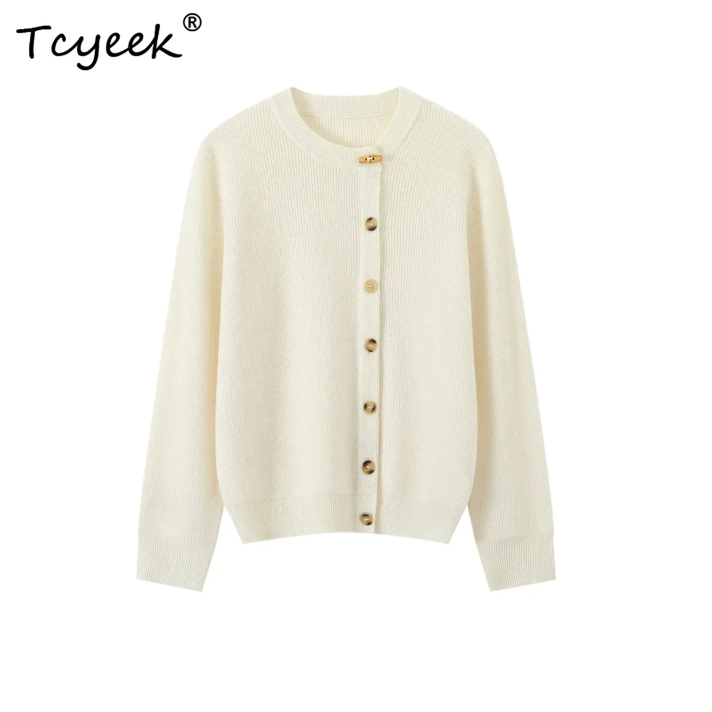 Daily Spring Autumn Sweater Women's Clothes 100% Cashmere Cardigan Korean Long Sleeve Knit Wooden Buttons Slanted Cardigan Tops