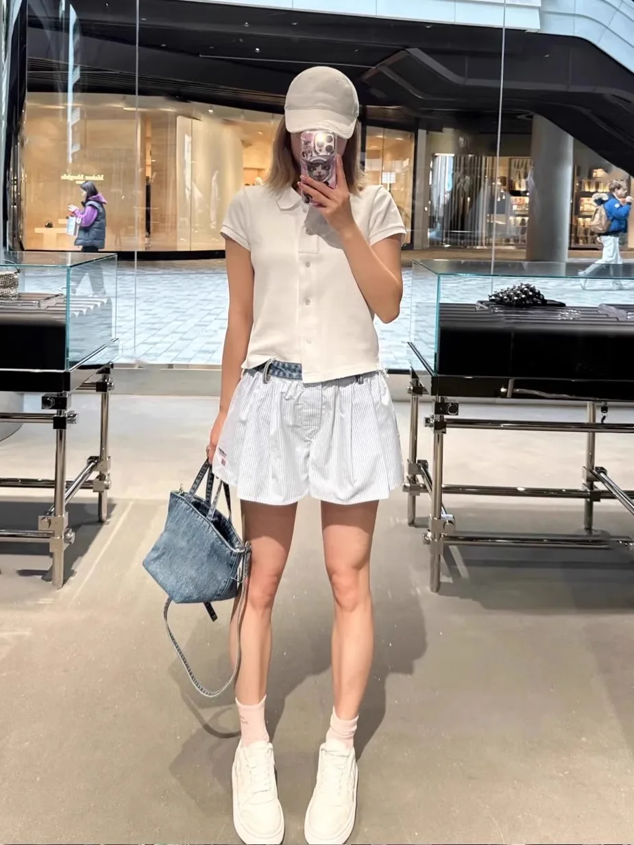 

Summer New Loose Casual Letter Splicing Waist Denim orts Wide Waist Head Design Comfortable Fit Straight Leg Pants