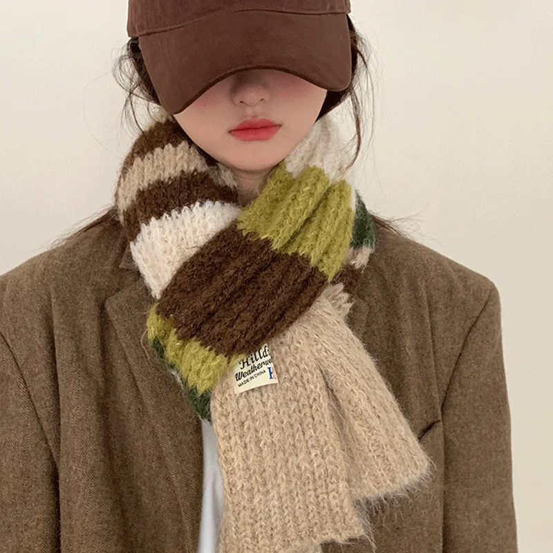 Luxury Scarf Man women Winter Warm Wool knitted Scarf Women\'s Fashion Colour Blocking Striped Thick Warm Scarf Shawl Wrap