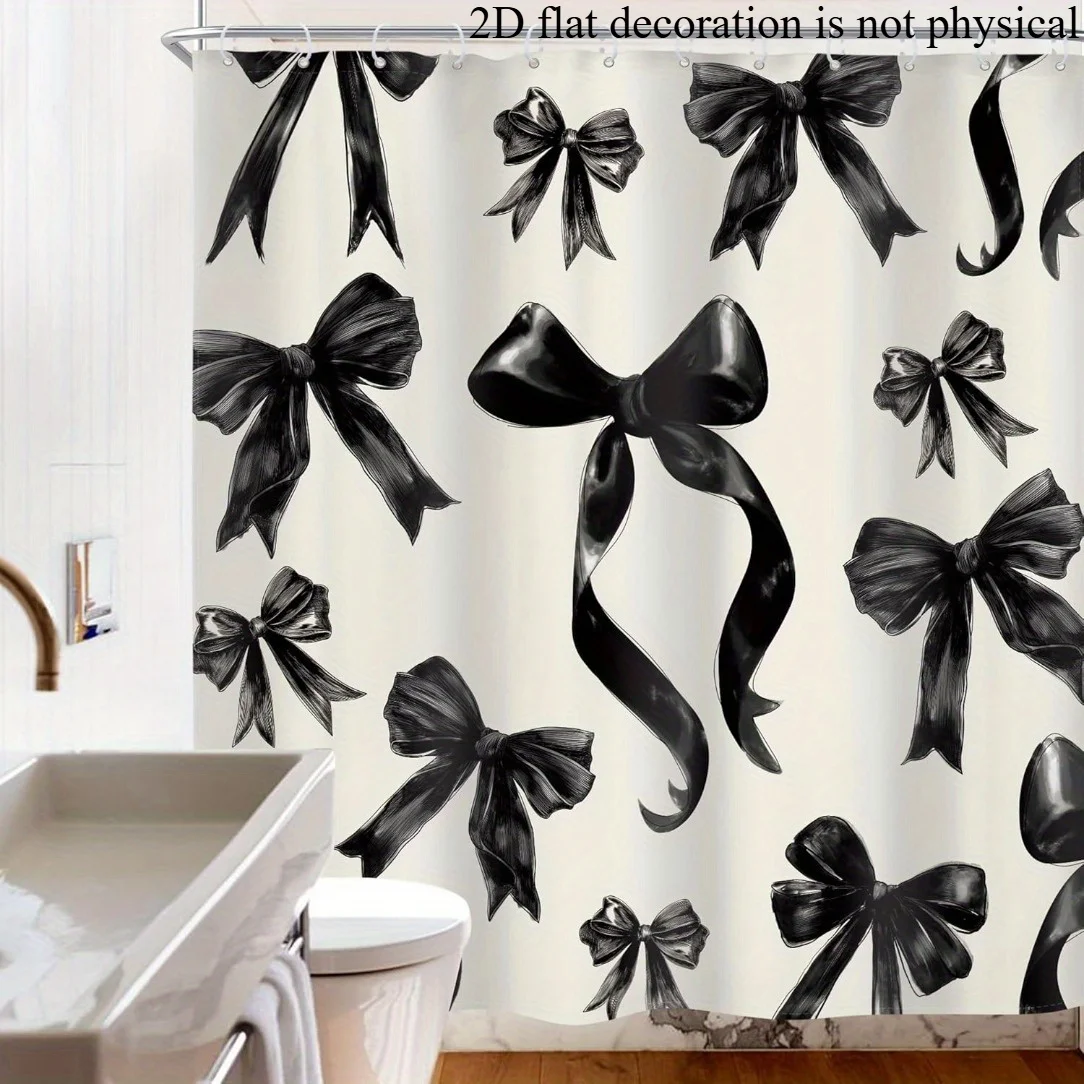 Elegant Black Bow Pattern Shower Curtain Waterproof Bathroom Decor Liner Chic Gothic Style Shower Curtain