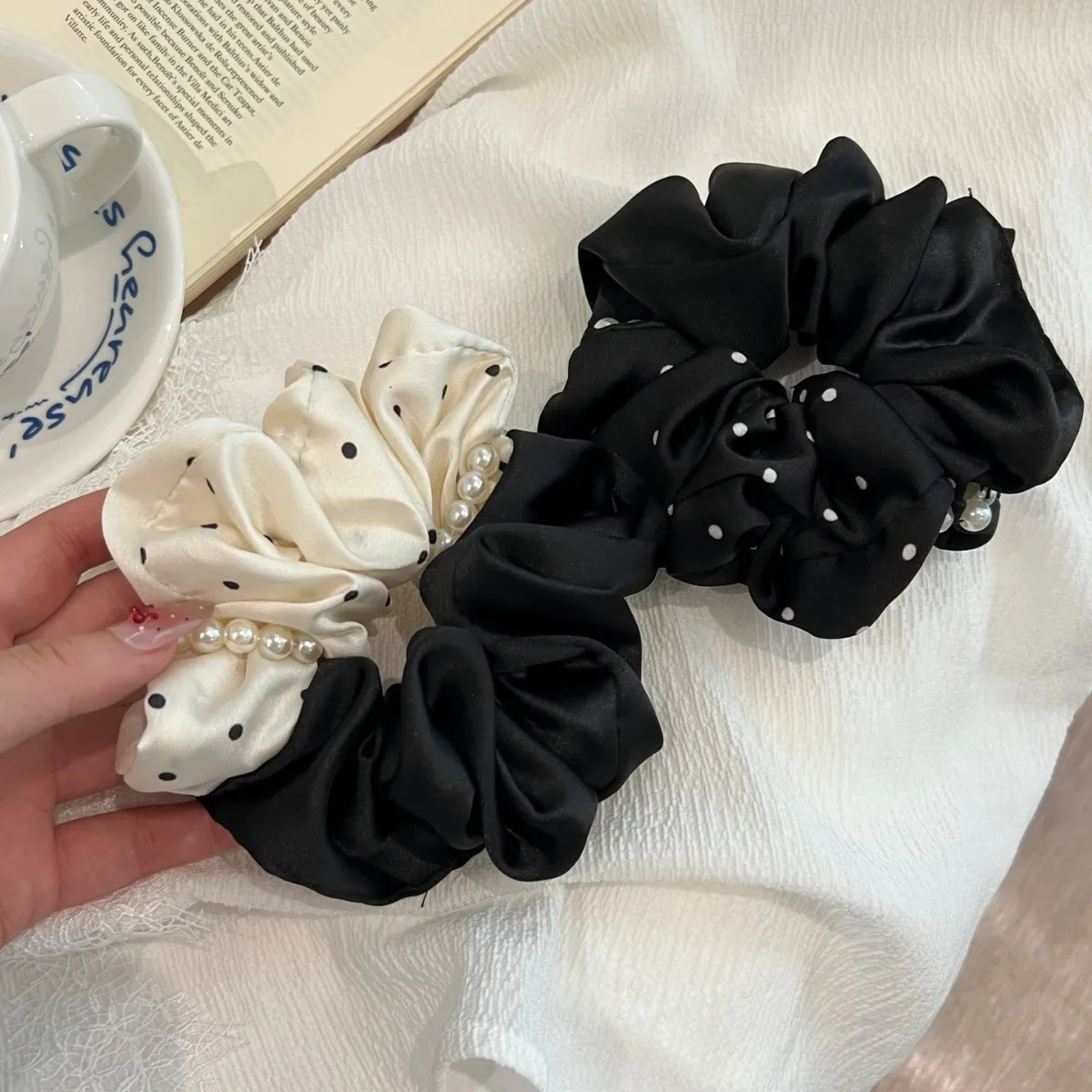 8PCS/LOT Satin Polka Dot Patchwork Hair Tie New Pearl Hair Band Korean Style Hair Accessories Ladies Ponytail Hair Scrunchies