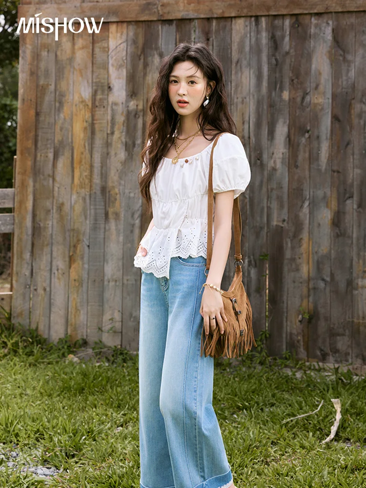 MISHOW French Summer Casual Blouses 2026 Solid Short Puff Sleeve Hem Hollow Cotton Tops Loose Collar Beading Blouse MXE33X1776