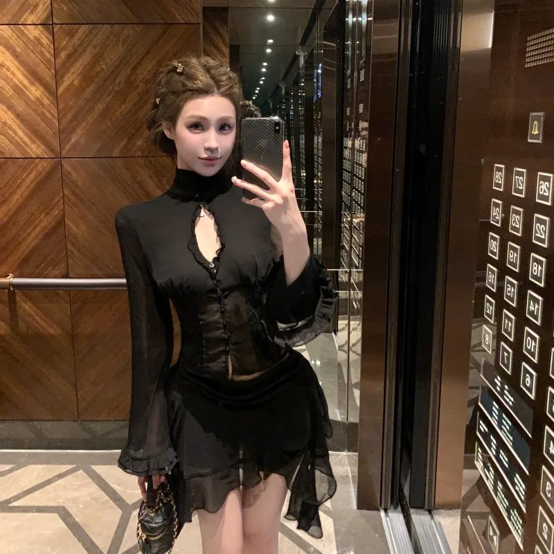 Faionable Long Sve Rüschen Sve Top mit Sa f Rock Schlankheitsset für Frauen Herbst Winter Neuankömmling Ele Design