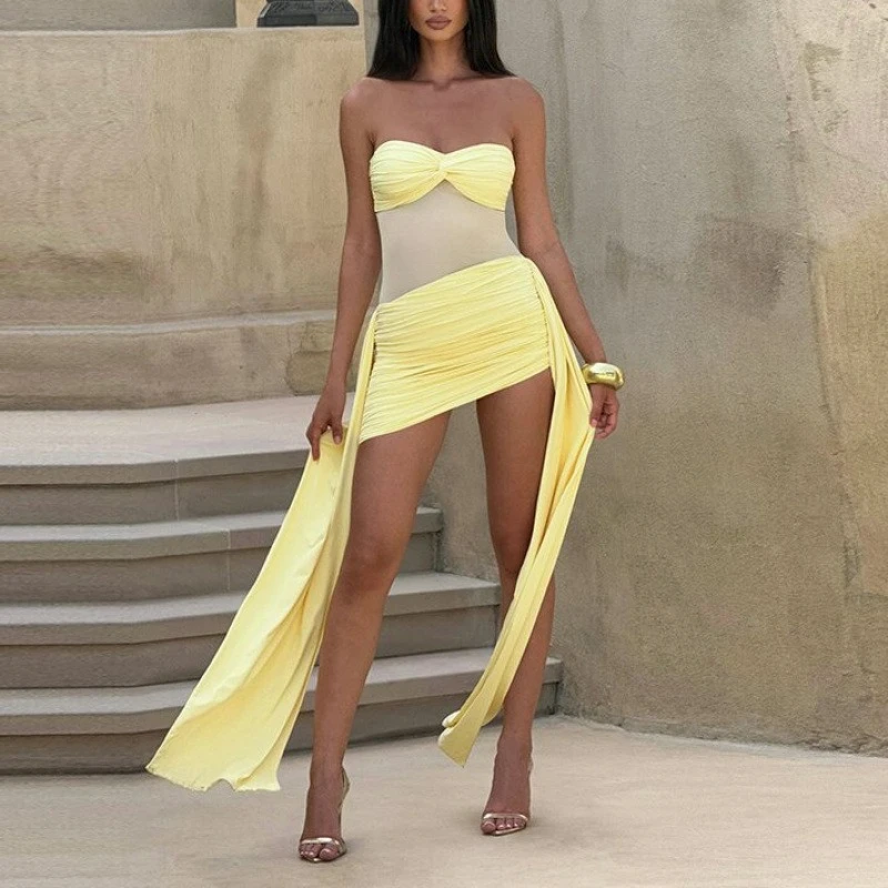 

2026 Summer Fashion European American Sexy Spice Girl Style Mesh Patchwork Elegant Ribbon Solid Color Strapless Dress for Women