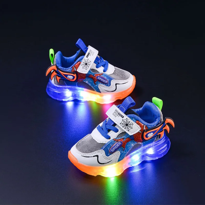 Children\'s Led Lighted Shoes Baby Boys Luminous Shoes Disney Kids Sport Shoes Cartoon Spiderman Boys Outdoor Shoes Student Shoes