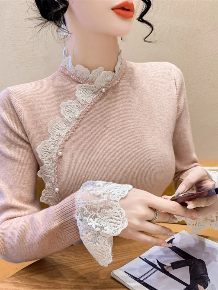 เสื้อสเวตเตอร์ถักคอสูงแต่งลูกไม้สำหรับผู้หญิง แขนยาว ทรงเข้ารูป สไตล์ลำลอง สำหรับฤดูใบไม้ผลิและฤดูใบไม้ร่วง รุ่นใหม่