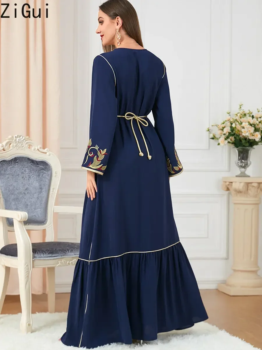 Imagem -04 - Zigui Dubai Vestidos de Luxo Árabe Azul Royal Manga Longa Ouro Bordado v Pescoço com Cinto Novo em Vestidos Maroccan Kaftan Abaya