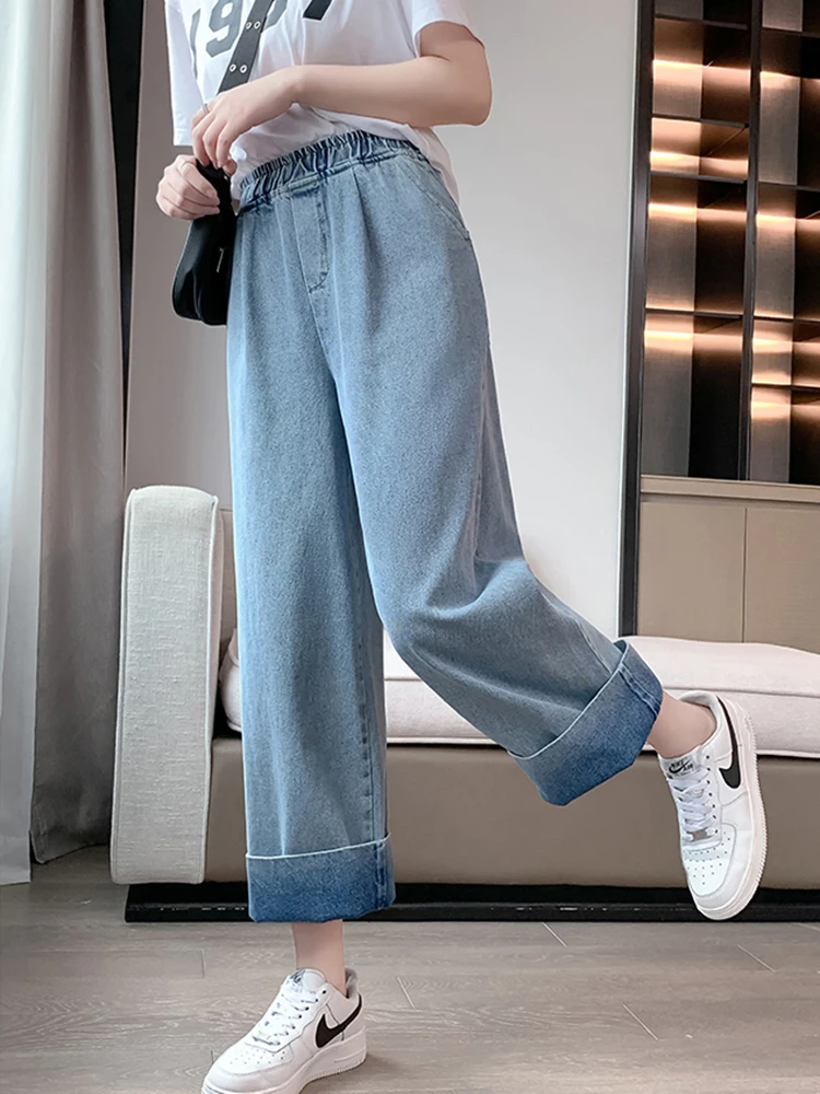 Pantalones vaqueros holgados informales para mamá para mujer, vaqueros de pierna ancha holgados de talla grande, pantalones vaqueros rectos elásticos de cintura alta, pantalones vaqueros para mujer