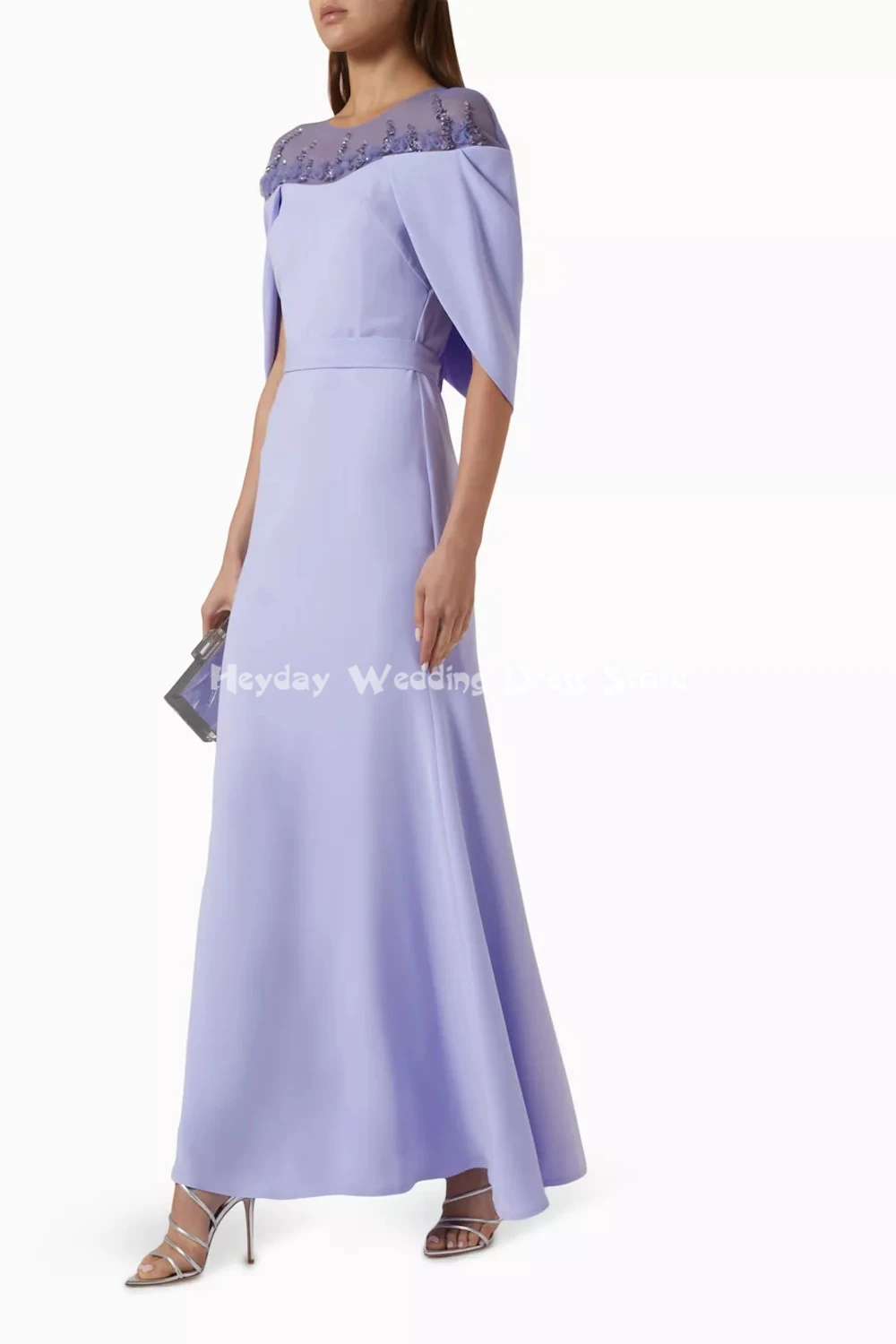 Heyday レディース ストレート O ネック ビーズ付き カスタマイズされたイブニングドレス ハーフスリーブ ドレープ付き 足首までの長さのエレガントなドレス 2025