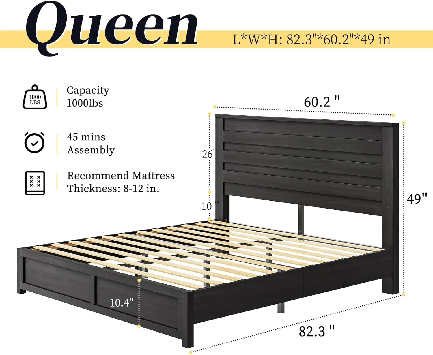 Marco de cama con cabecero alto de 49 ", cama de plataforma de madera con marco de Metal oculto, sin resorte de caja necesario/sin ruido