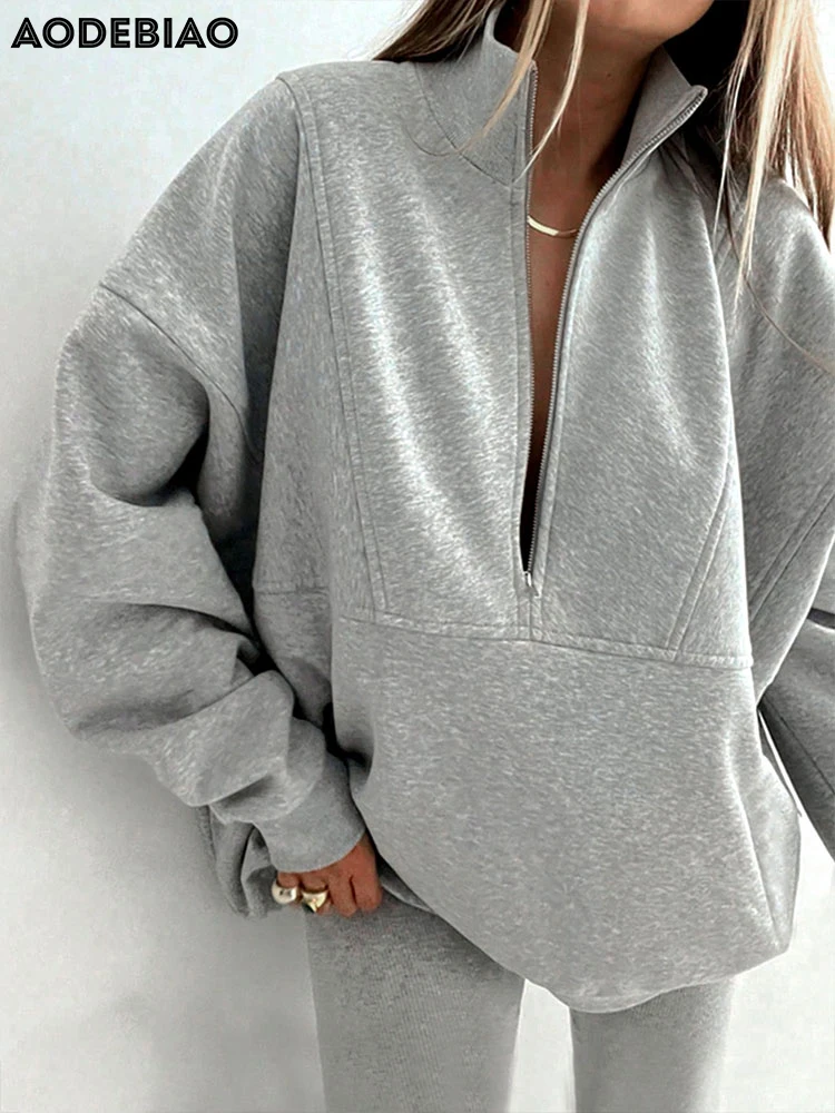 

AODEBIAO Grey Hoodie Women Sports Fitness Autumn Winter Long Sleeves Fashion Turtleneck Hoodie Casual Pullover Loose Hoodie Lady